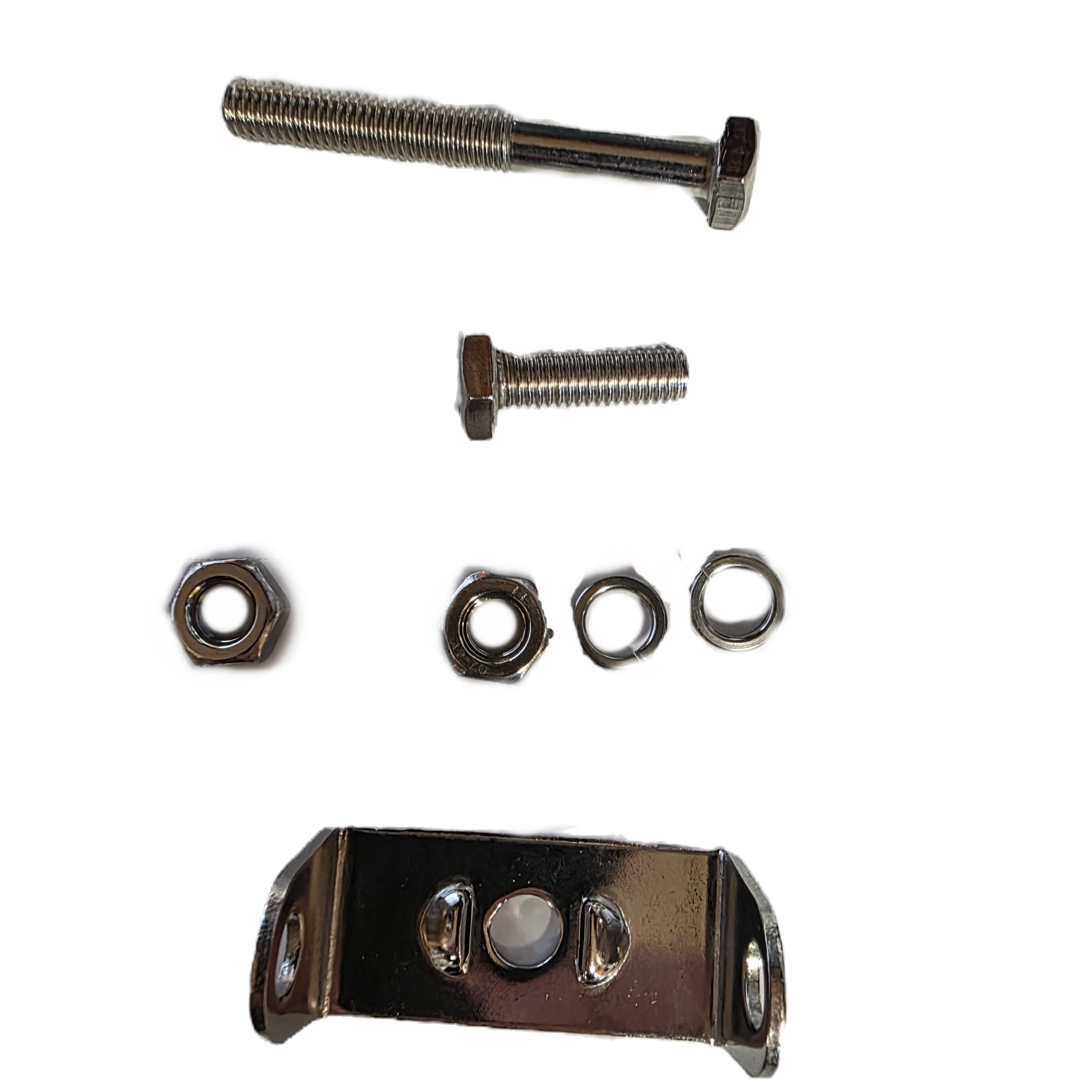 Set of metal hardware components including a bracket, bolts, and washers on a white background