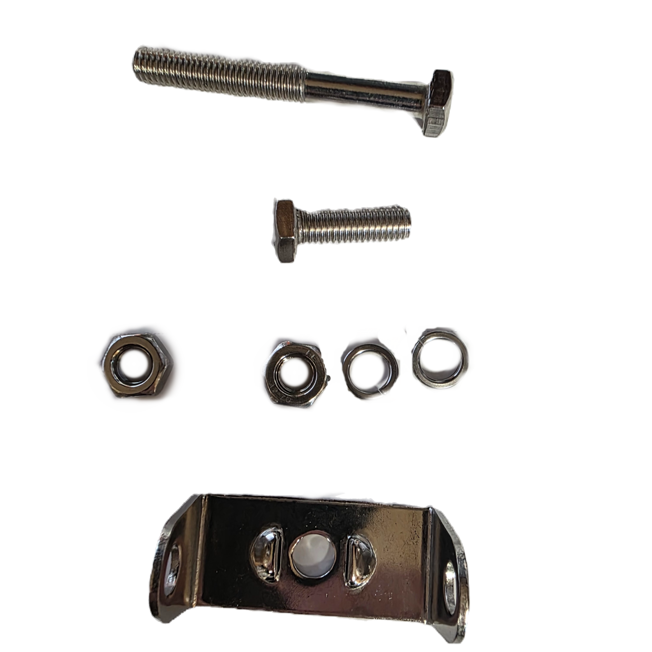 Set of metal hardware components including a bracket, bolts, and washers on a white background