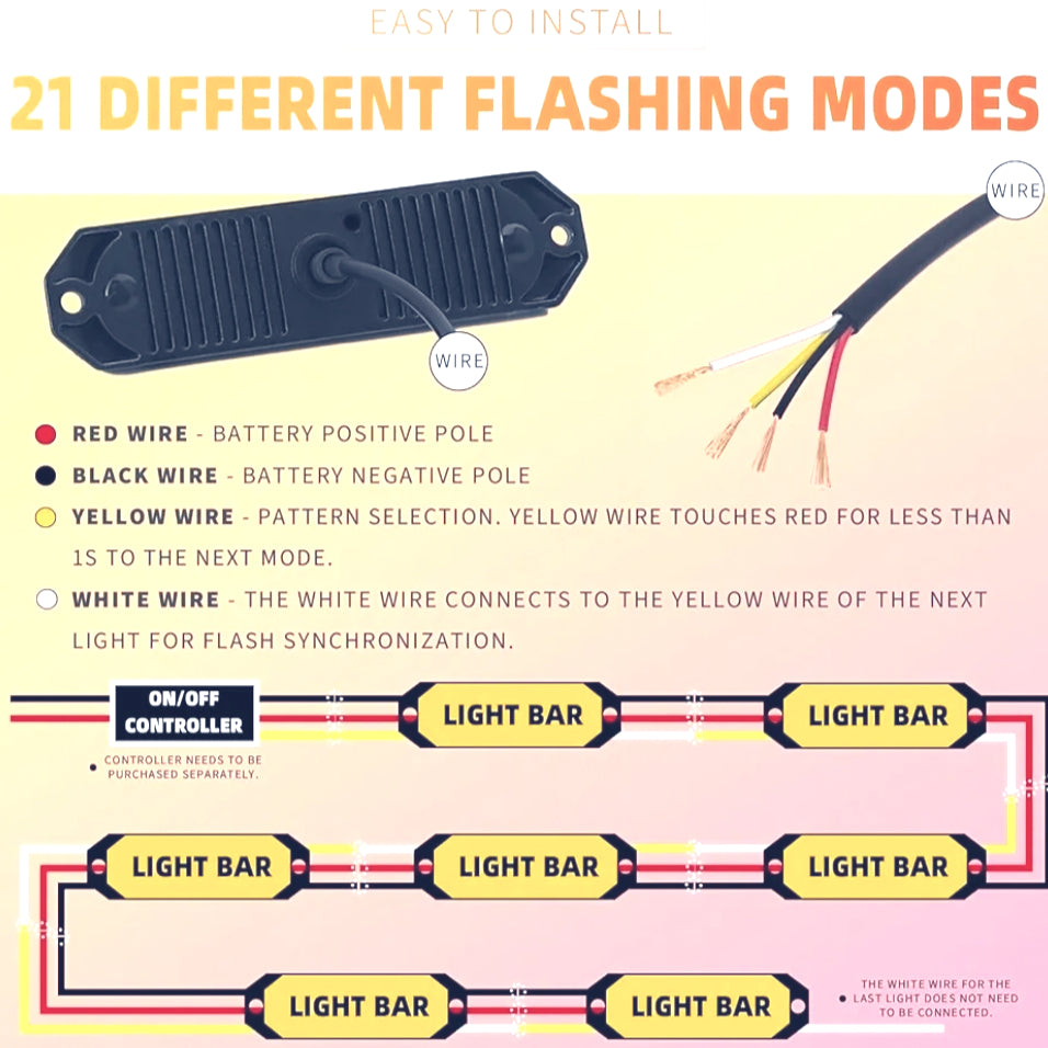 Wiring diagram for a light bar system with flashing modes and wire colors on a yellow background.