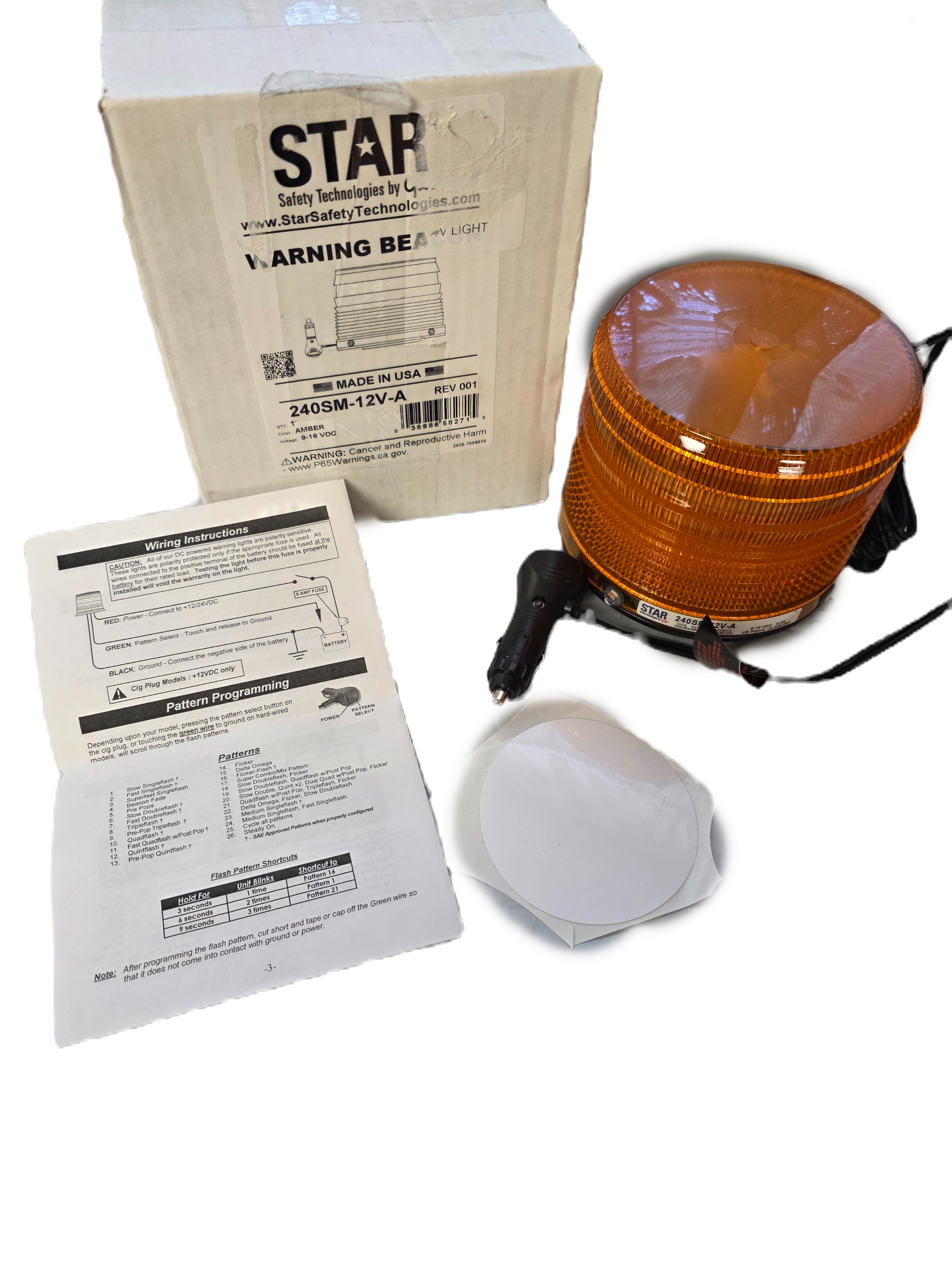 STAR by Grote 240SM-12V-A Amber Strobe Warning Beacon 9-16VDC