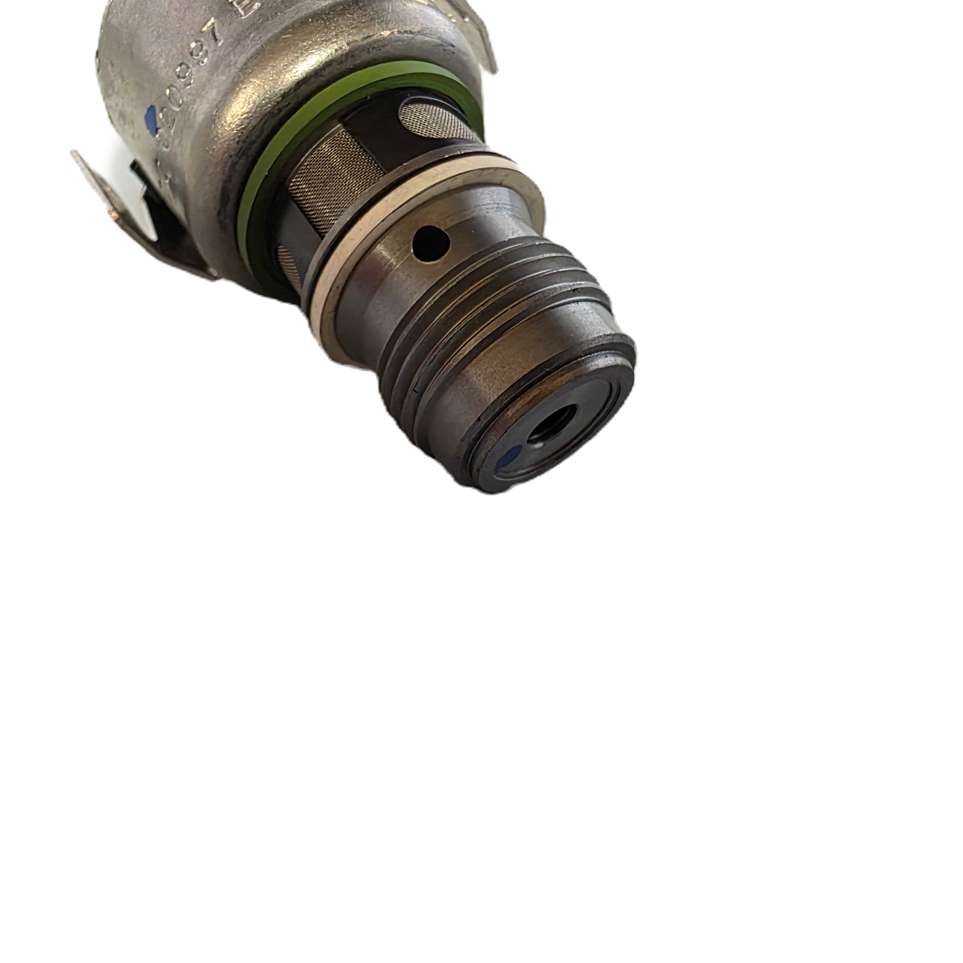 Close-up of a metal valve or similar component on a white background