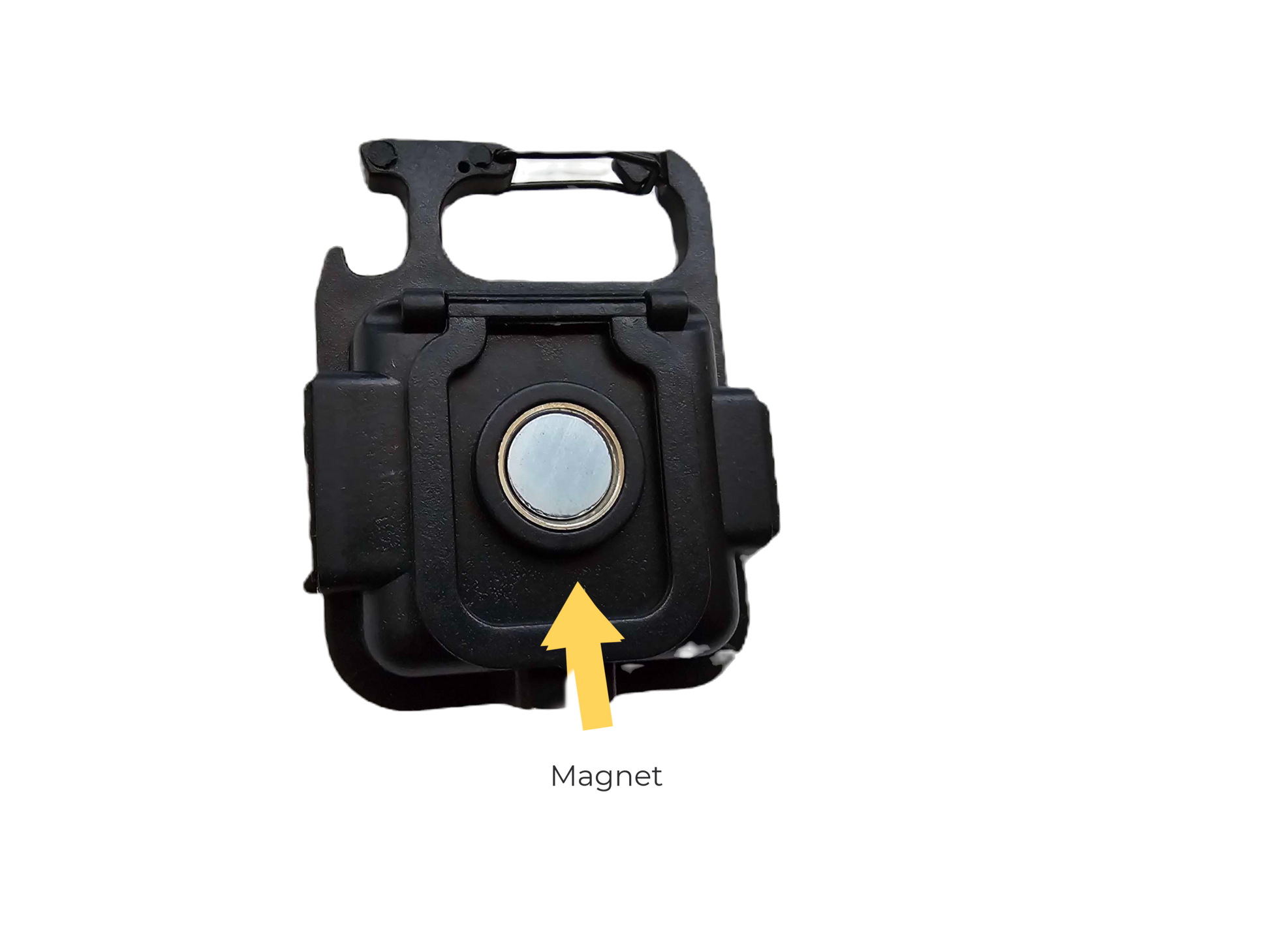 Black device with a magnet labeled on a white background