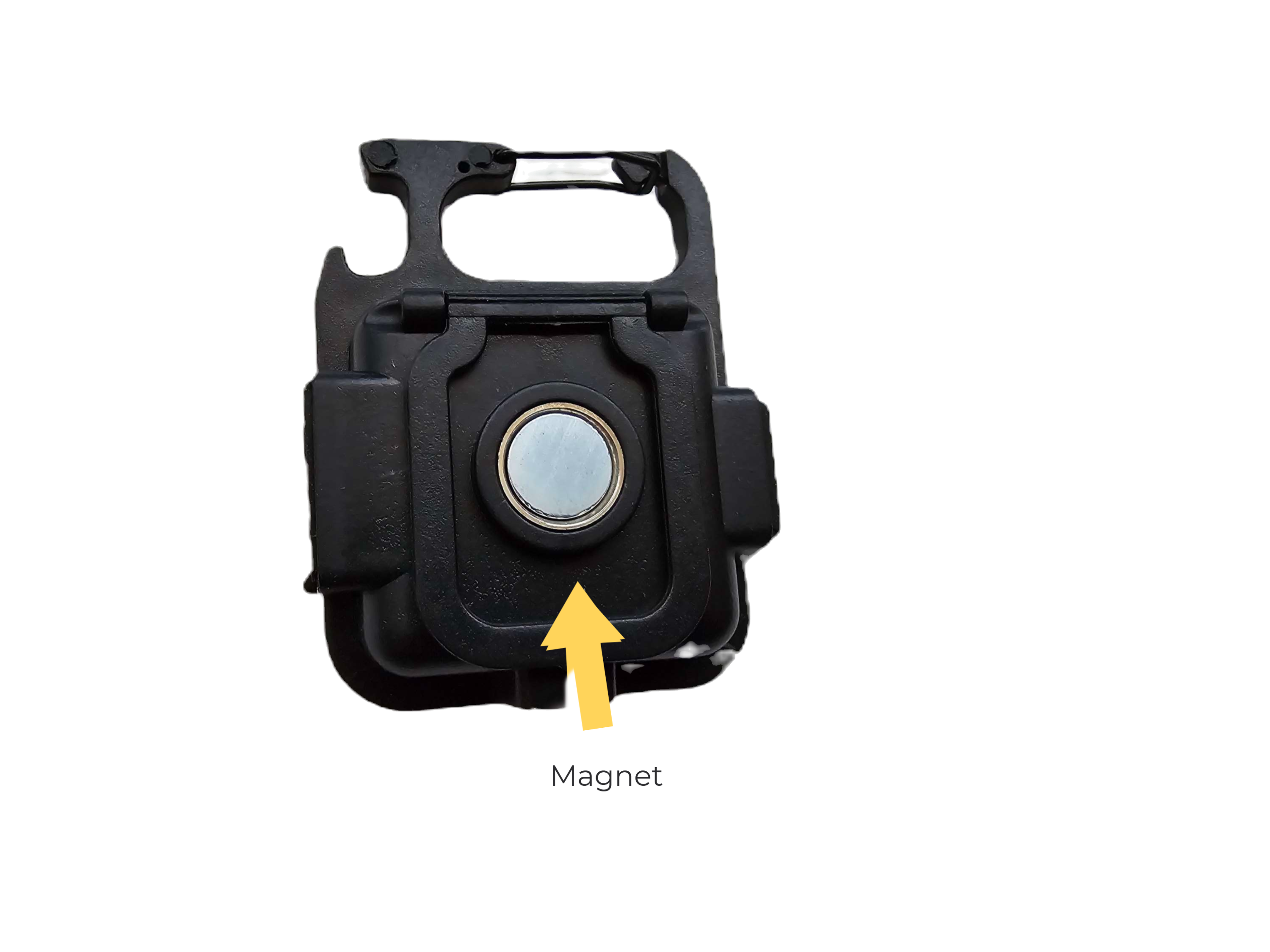 Black device with a magnet labeled on a white background