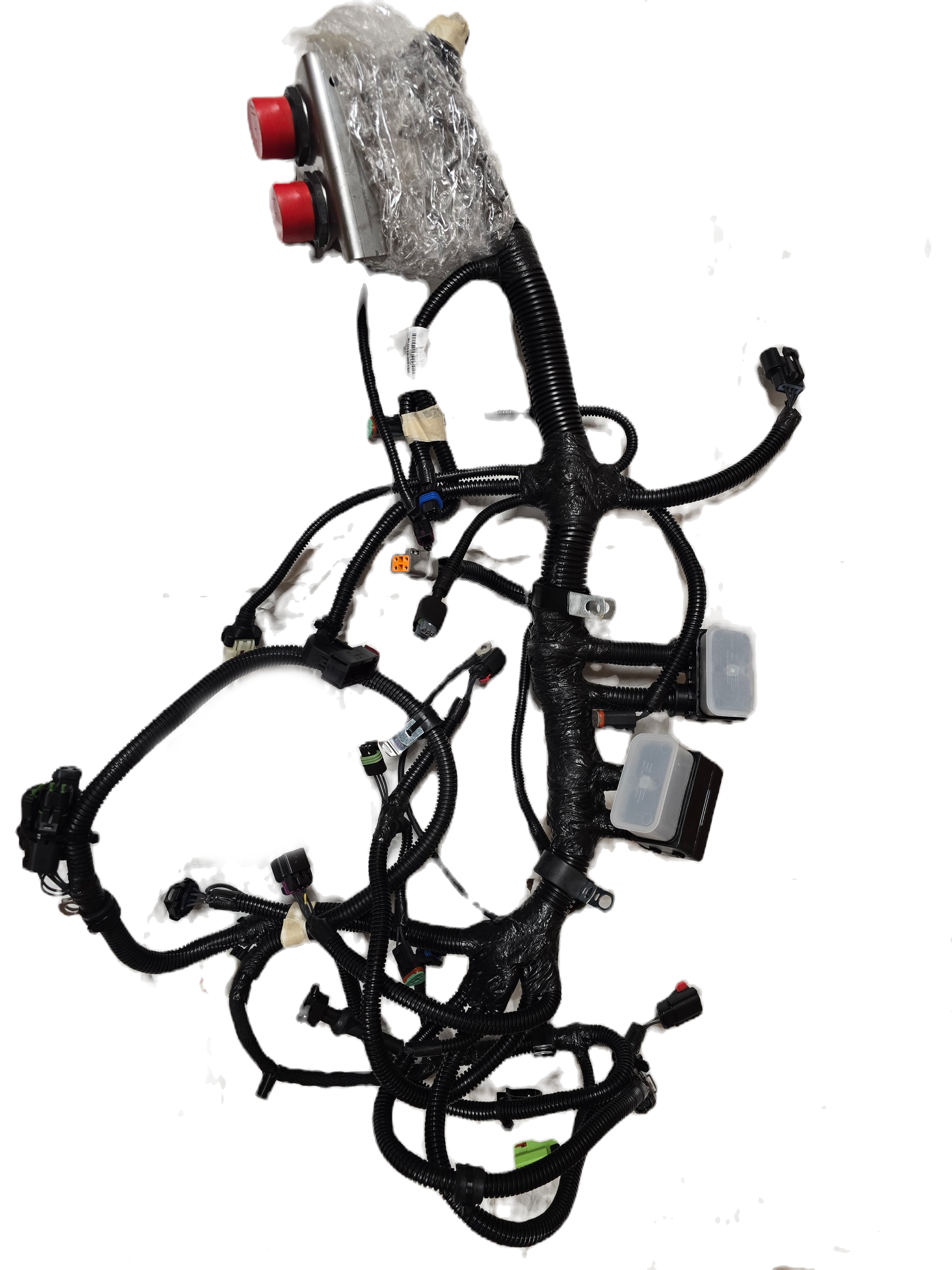 Complex automotive wiring harness on a white background