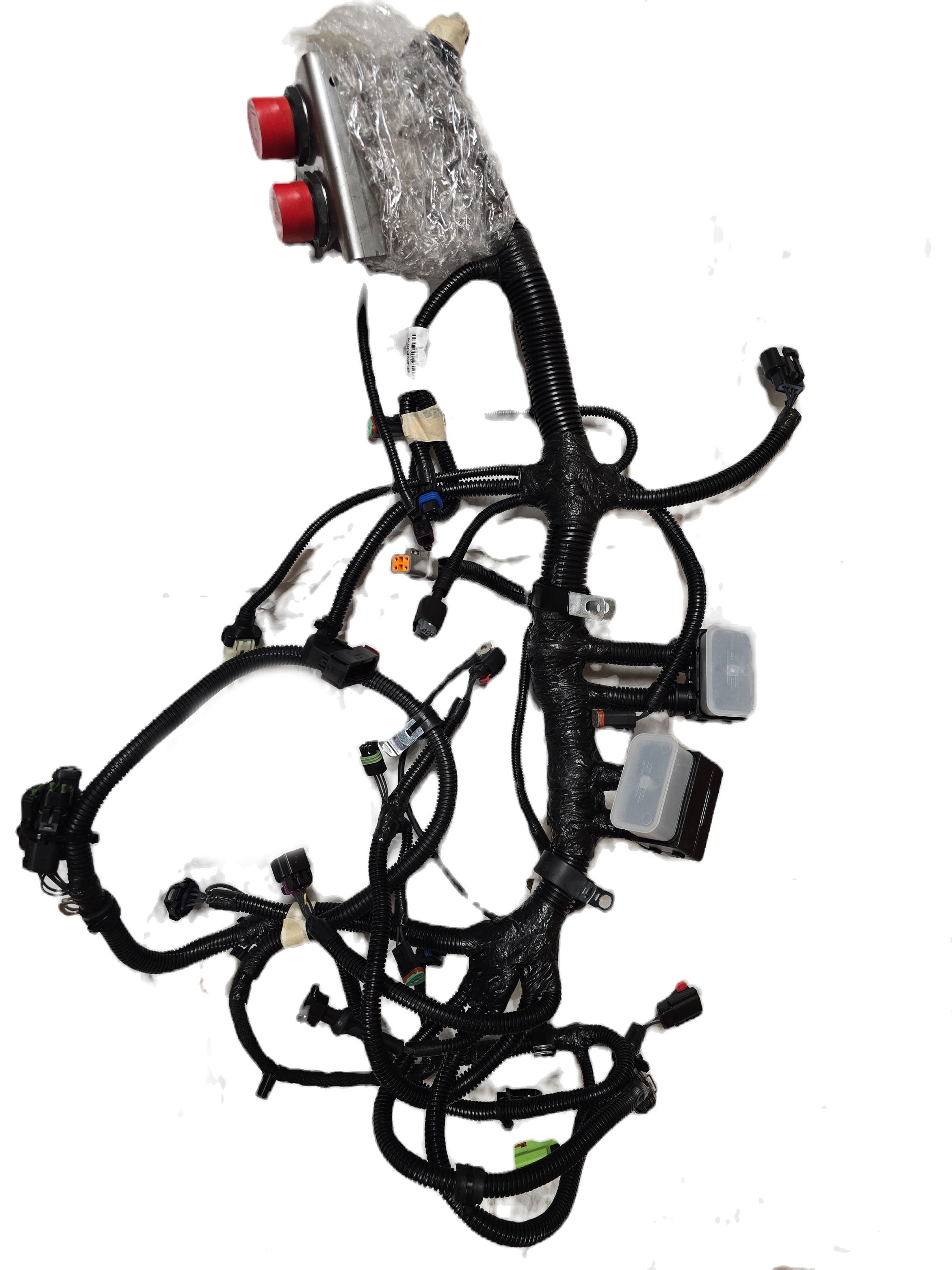 Complex automotive wiring harness on a white background