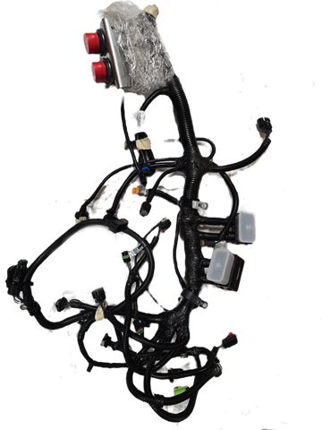 Complex automotive wiring harness on a white background