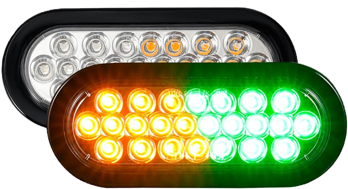Two LED warning lights, one green and one amber, on a white background.