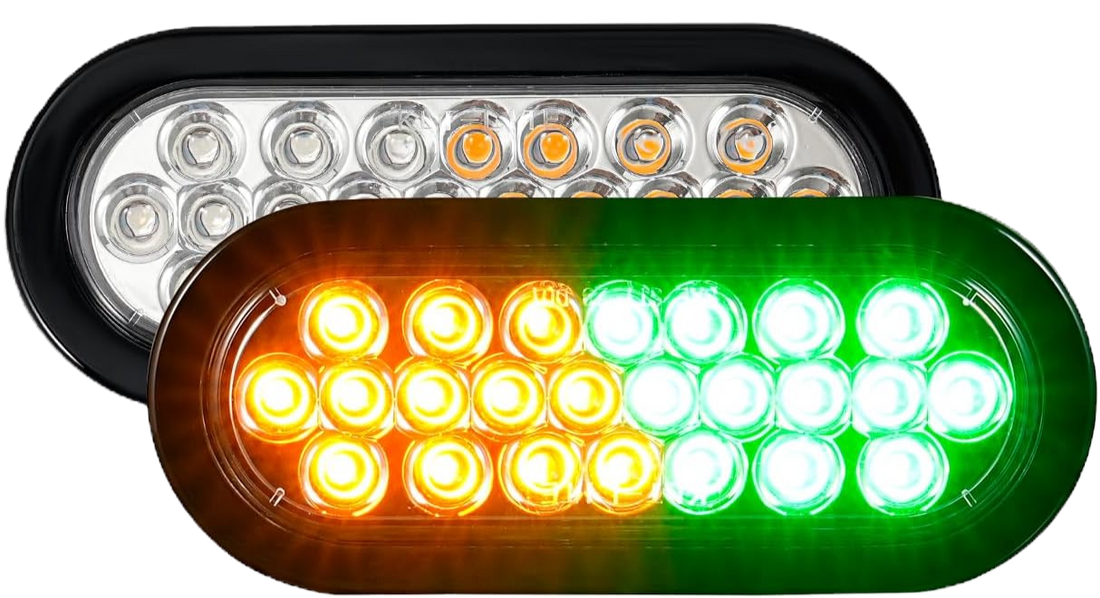 Two LED warning lights, one green and one amber, on a white background.