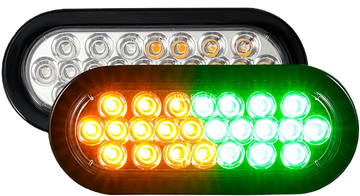 Two LED warning lights, one green and one amber, on a white background.