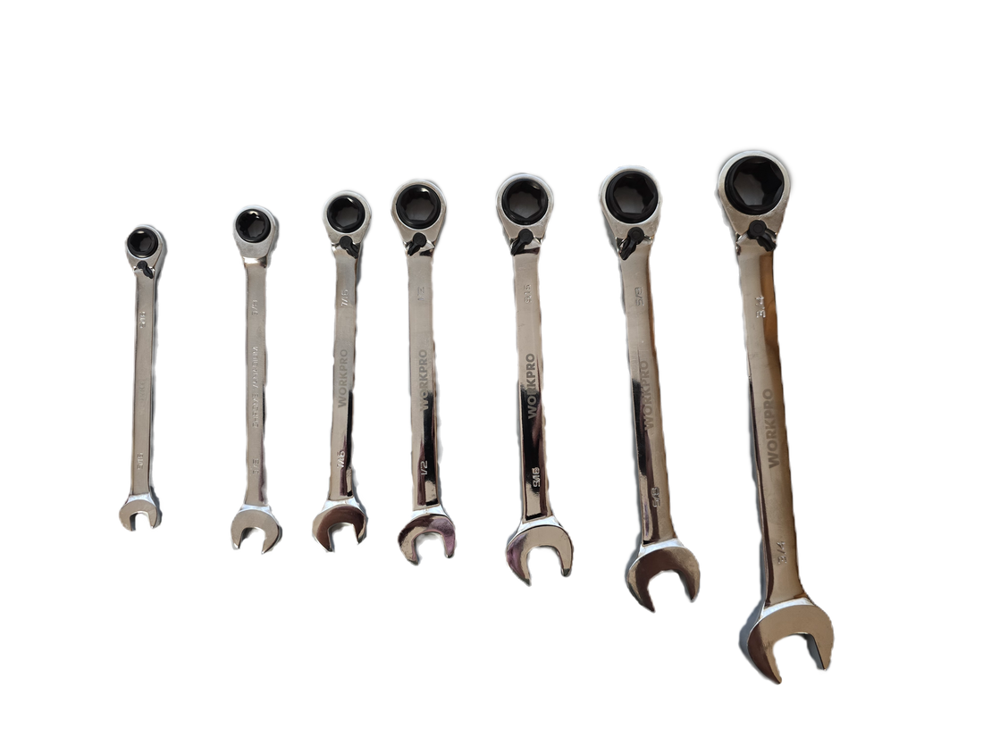 Set of eight ratchet wrenches on a white background