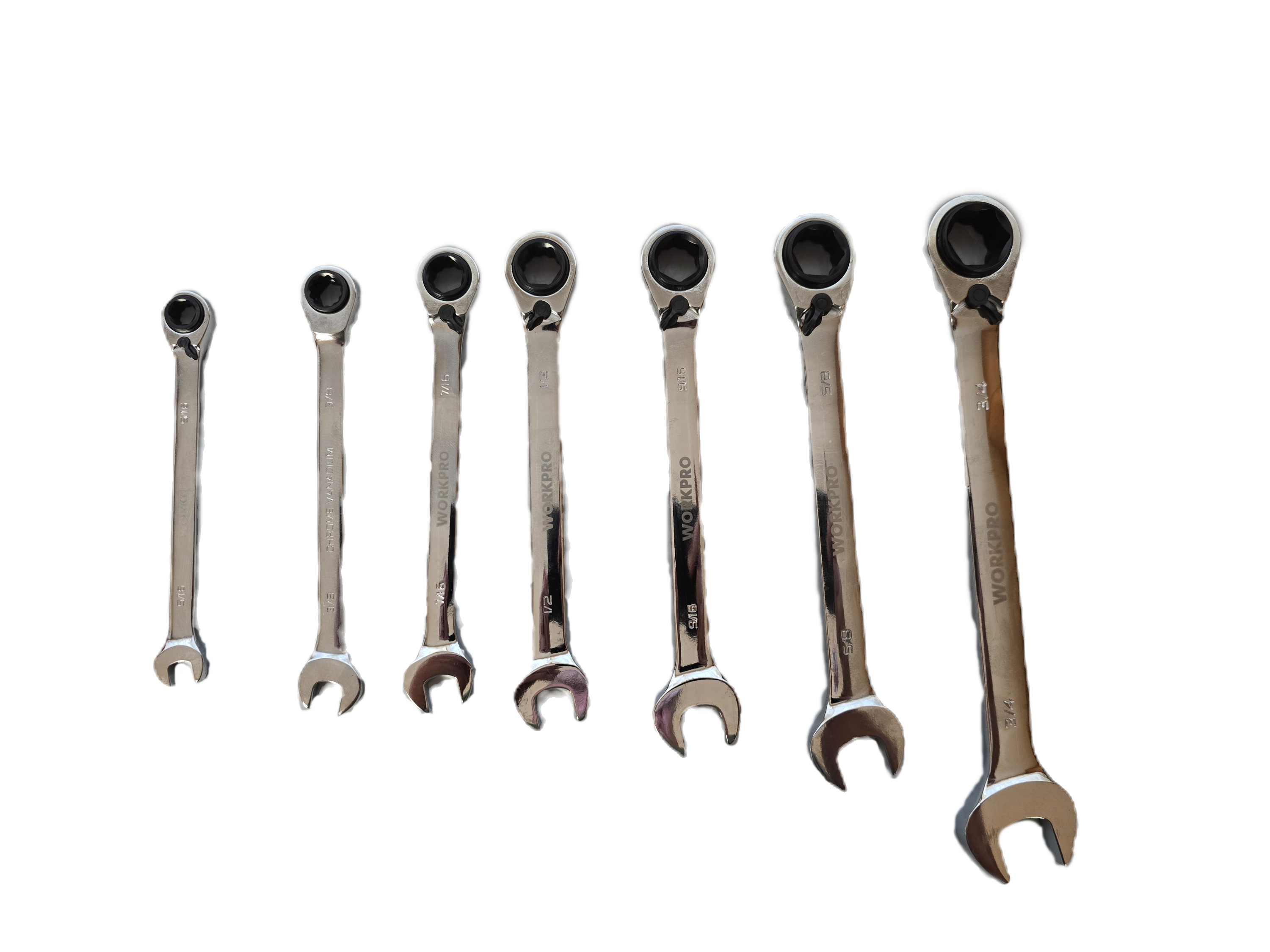 Set of eight ratchet wrenches on a white background