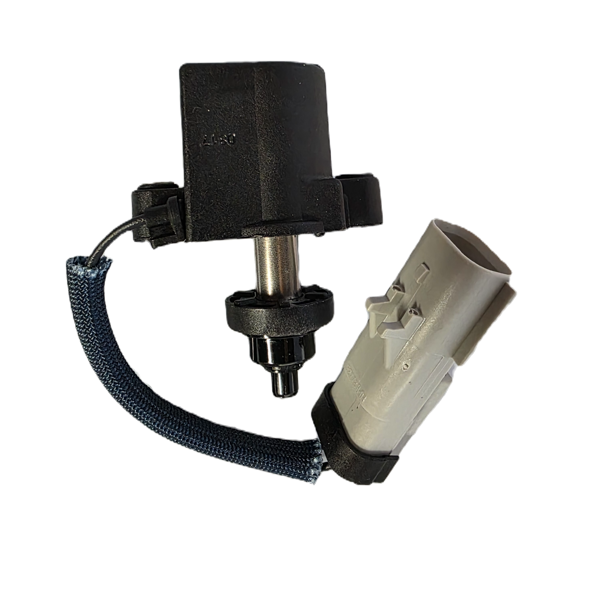 Black and beige mechanical component on a white background