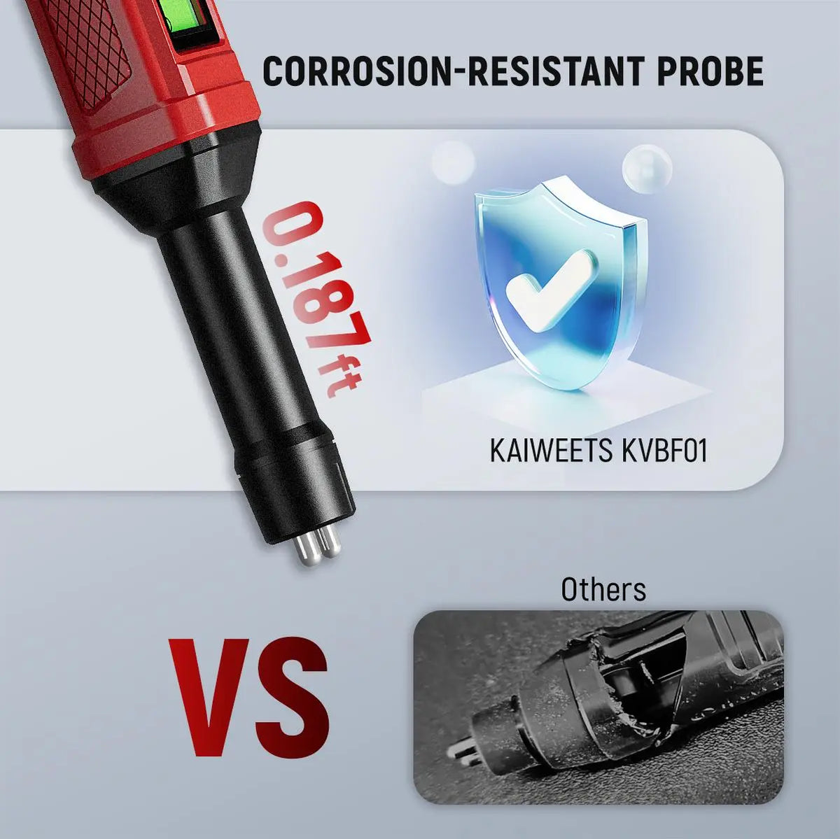A promotional product graphic for a KAIWEETS KVBF01 corrosion-resistant probe. The main subject is a red and black handheld probe shown diagonally, with text reading 'CORROSION-RESISTANT PROBE' and '0.