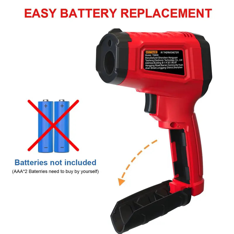 Red and black cordless thermal gun thermometer with text 'EASY BATTERY REPLACEMENT' and a crossed-out battery icon indicating batteries are not included.
