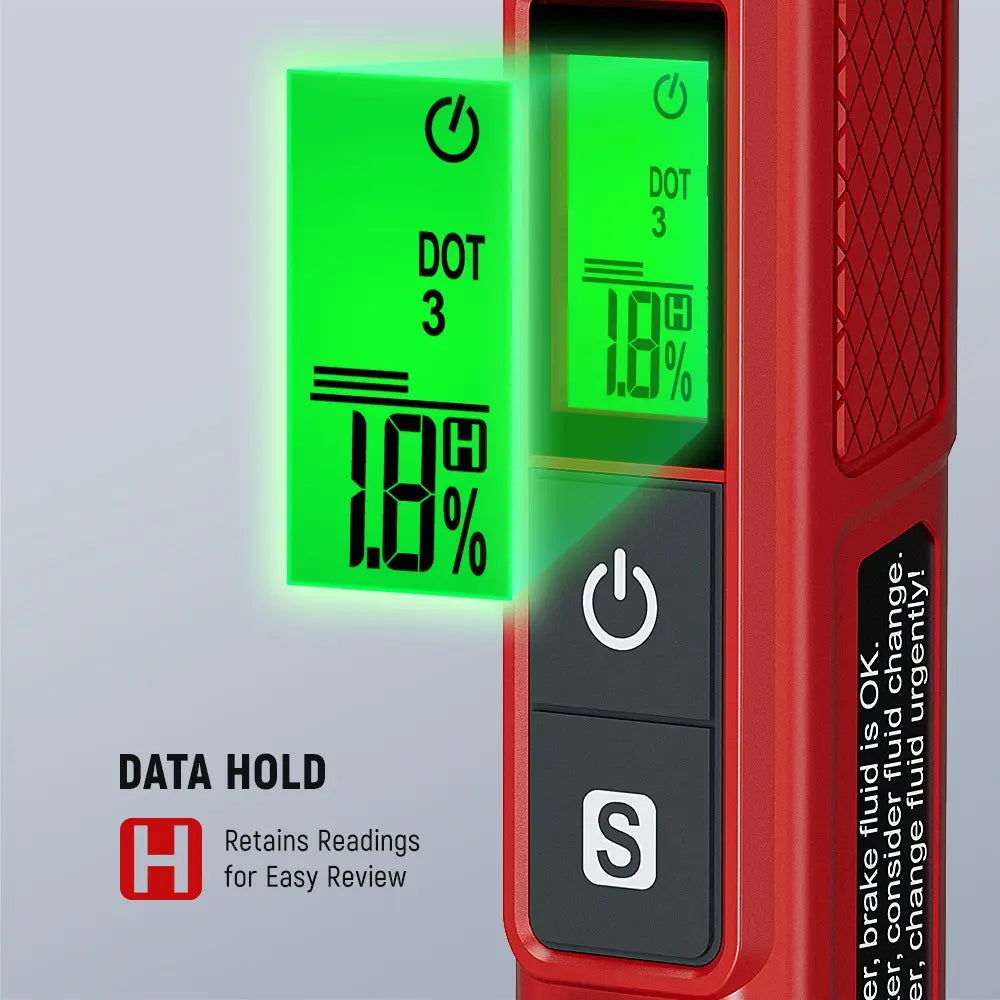 Kaiweets Brake Fluid Tester kit including a red and black digital tester, its black retail box, user manual, and two batteries on a white background.