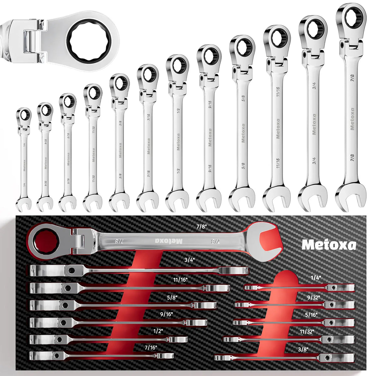 A set of Metoxa ratchet wrenches displayed in ascending size order above a matching storage tray. The image includes a close-up inset of the head on the top left and a large 7/8" wrench on the bottom left.