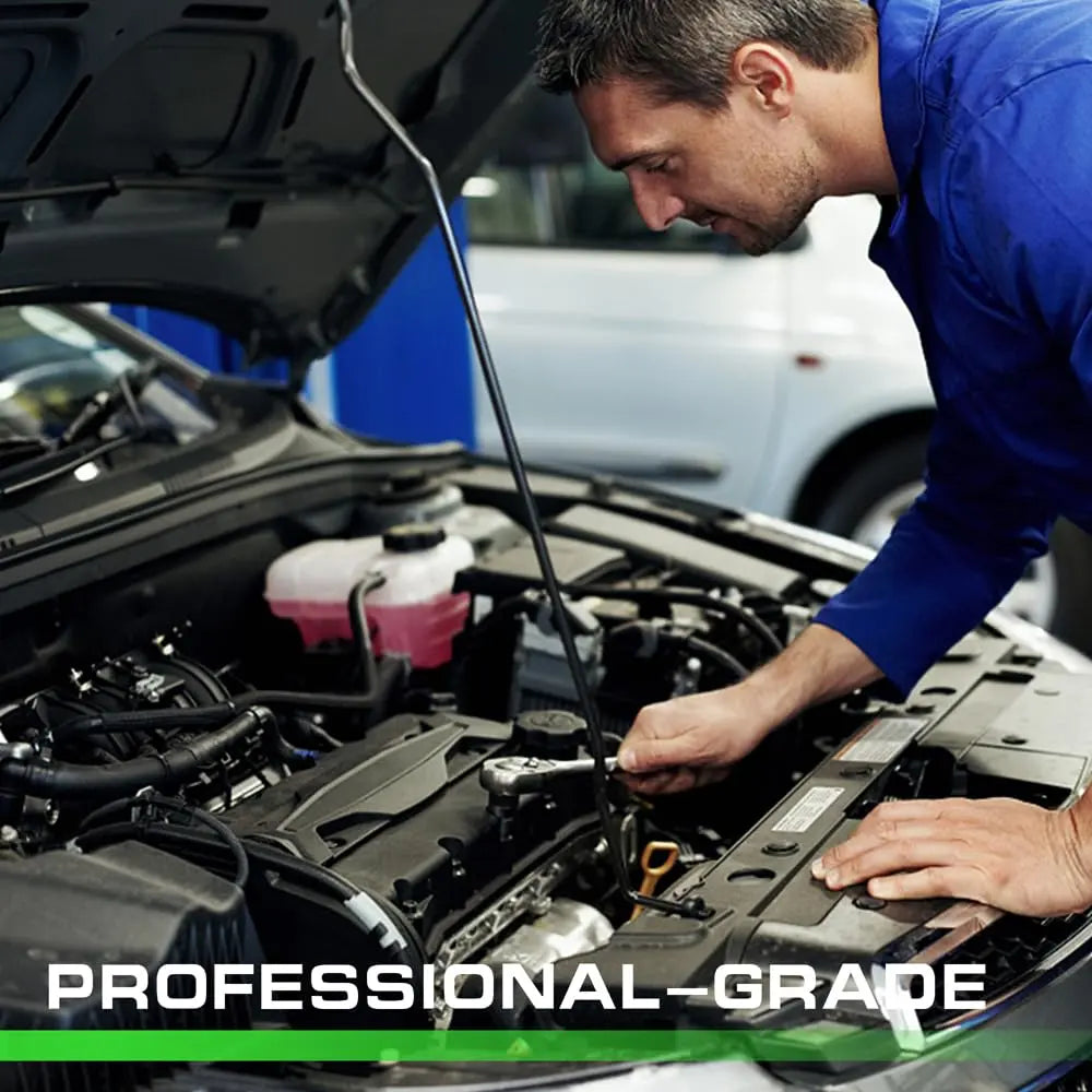 Mechanic working on a car engine with 'Professional-Grade' text overlay.