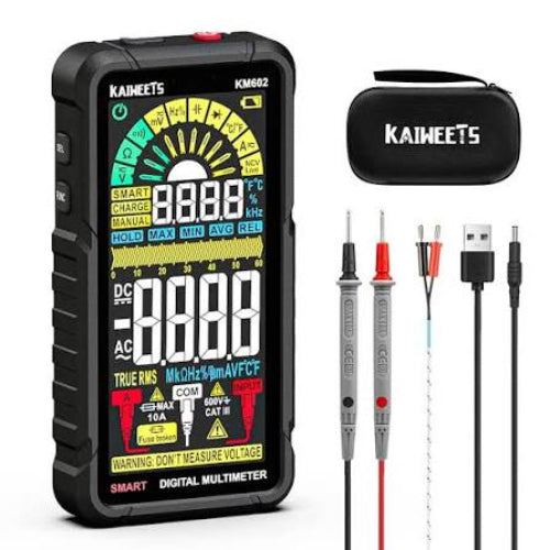 Kaiweets KM8002 smart digital multimeter kit with its black carrying case, retail box, USB cable, power adapter, user manual, and battery, laid out on a white sheet over a speckled gray countertop.