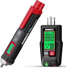 A handheld multimeter tester tool shown alongside its power adapter on a plain white background. The device has a black body with a red top handle and a green display screen, and the adapter is black with two metal prongs.