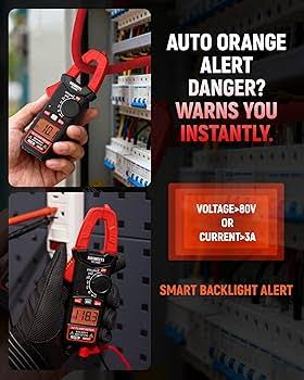 An electric clamp meter multimeter shown in a hand and gloved hand, with text highlighting its orange alert light and voltage/current specifications.