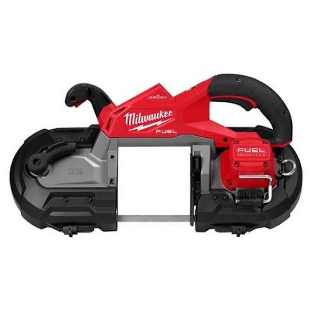 Milwaukee battery-powered band saw on a white background