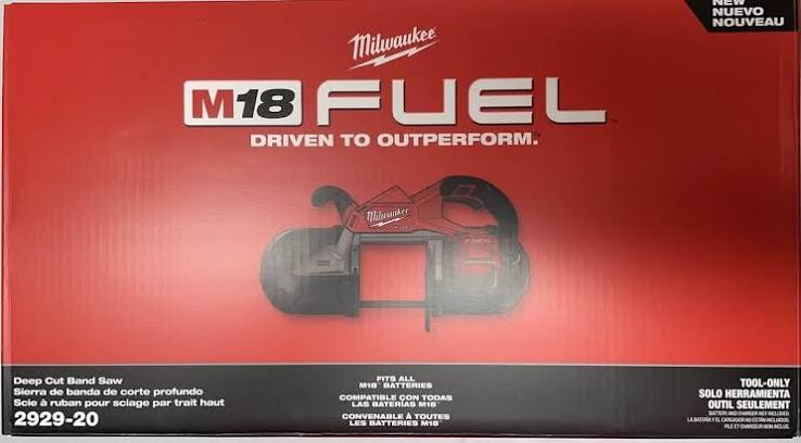 Milwaukee M18 Fuel Deep Cut Band Saw retail box, model 2929-20, featuring a red and black design with the product photo of the saw on the front.