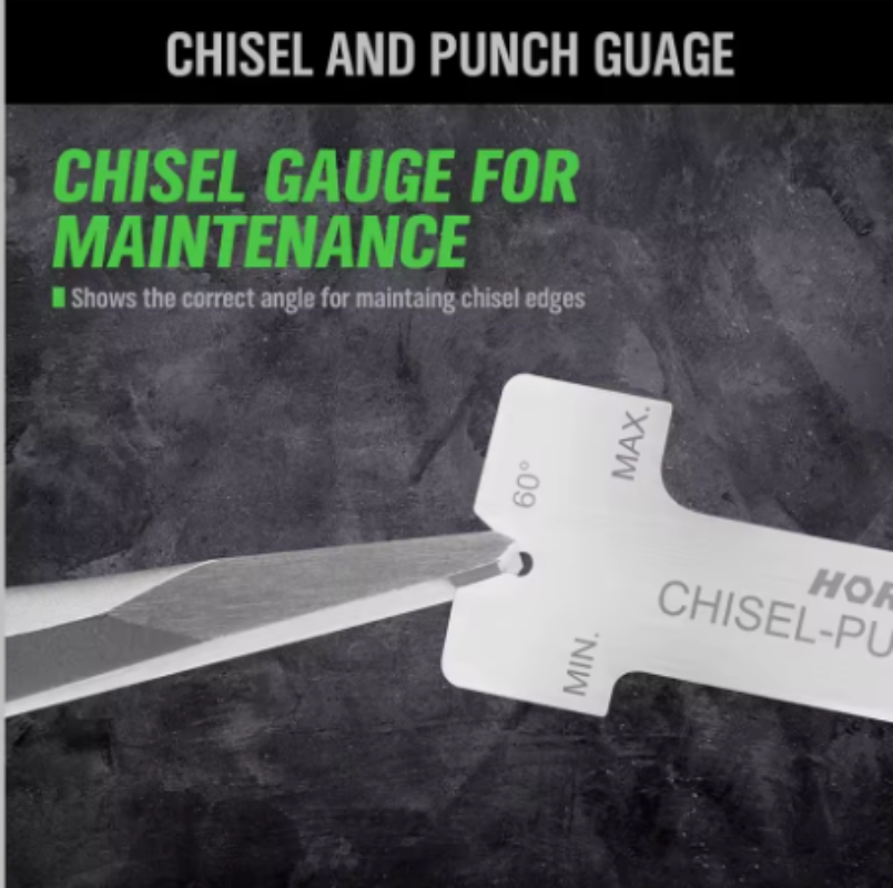 A metal chisel and punch gauge tool shown against a dark textured background, with overlaid text reading 'CHISEL AND PUNCH GUAGE' and 'CHISEL GAUGE FOR MAINTENANCE.' The gauge itself is white and silver, and the image appears to be a promotional or informational product graphic rather than a clean standalone product photo.