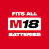 A square red graphic with white text reading 'FIT ALL M18 BATTERIES' and a large white 'M18' centered inside a red block.