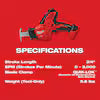 A red square graphic with a black and red lawnmower illustration at the top and the word 'SPECIFICATIONS' in large white text, followed by a list of features and specs on a red background.