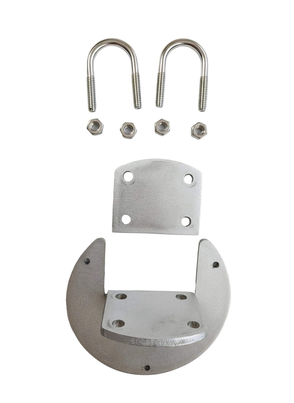 Metal mounting hardware set including two U-bolts, four nuts, and two flat metal brackets on a white background.