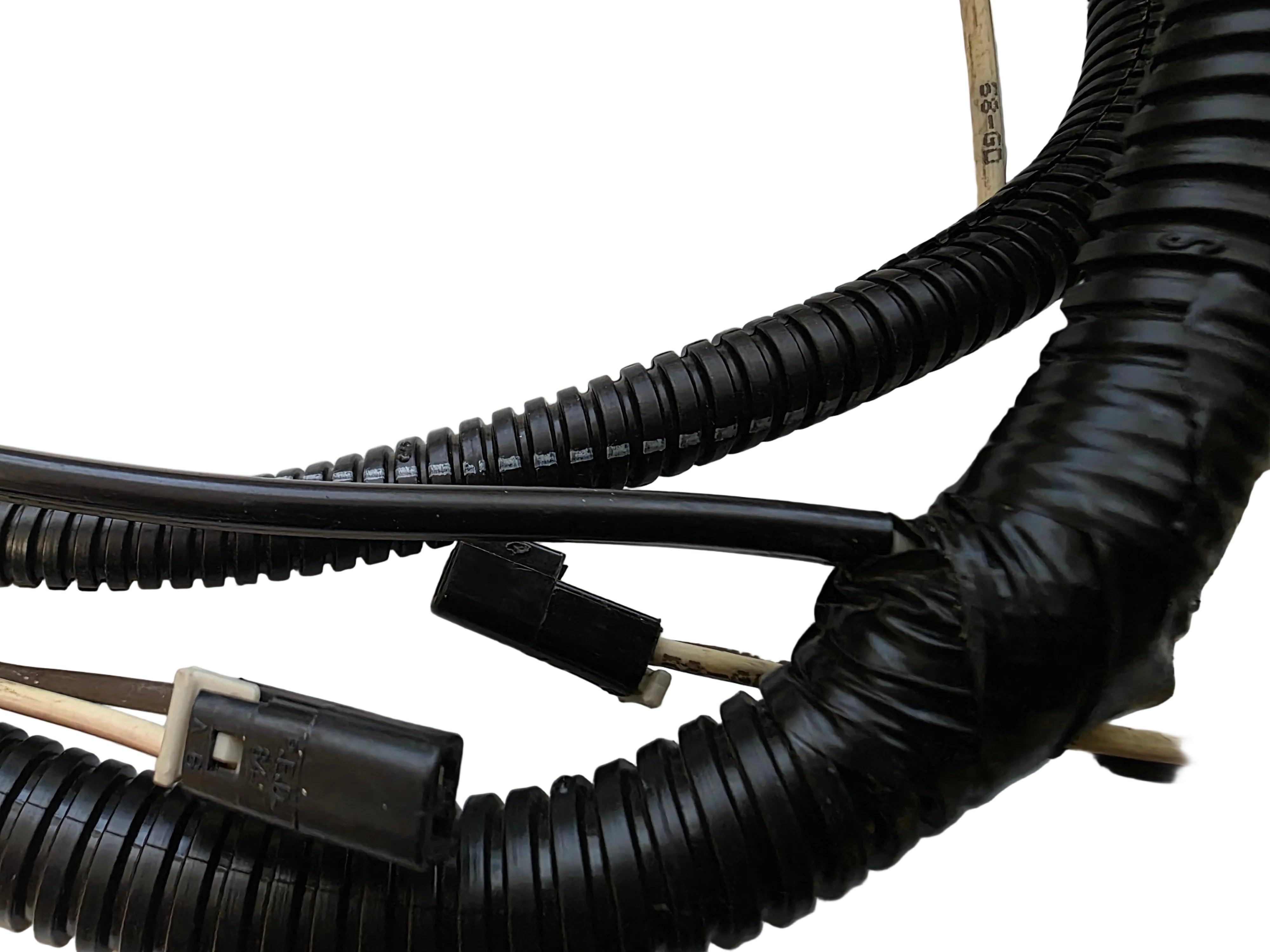 Black corrugated electrical wire harness with plastic connectors on a white background.