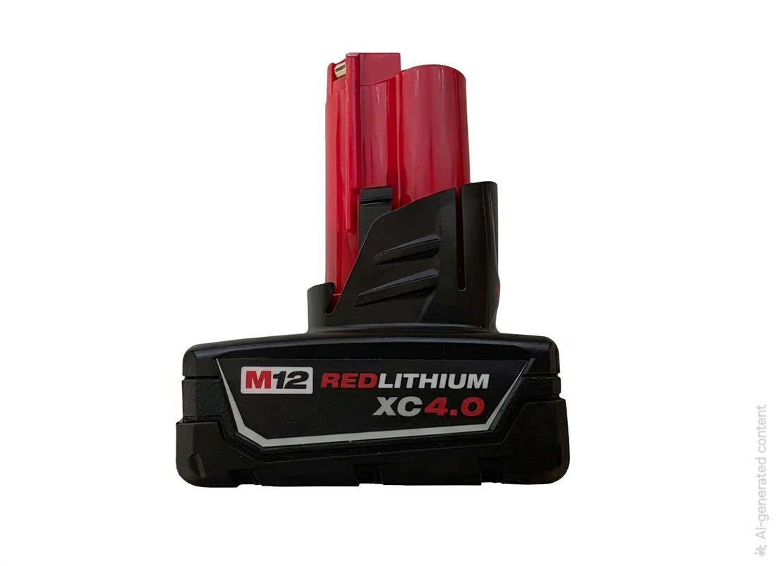 A single M12 REDLITHIUM XC 4.0 cordless battery pack in black and red, shown from a three-quarters angle on a white background.