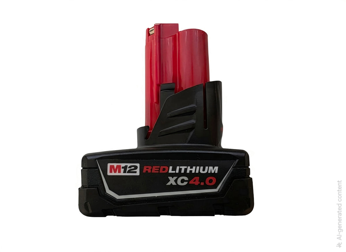 A Red Lithium M12 XC4.0 cordless battery pack with a red body and black base, shown on a plain white background.