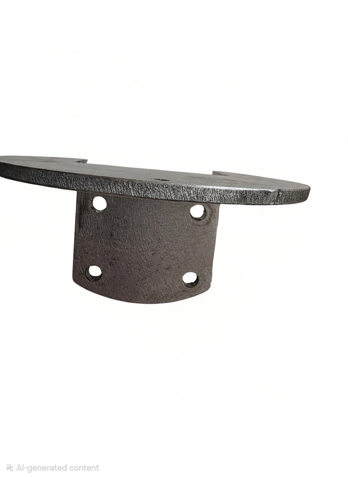 A dark gray cast iron shelf bracket with a curved top plate and a mounting flange with four pre-drilled holes, shown on a plain white background.