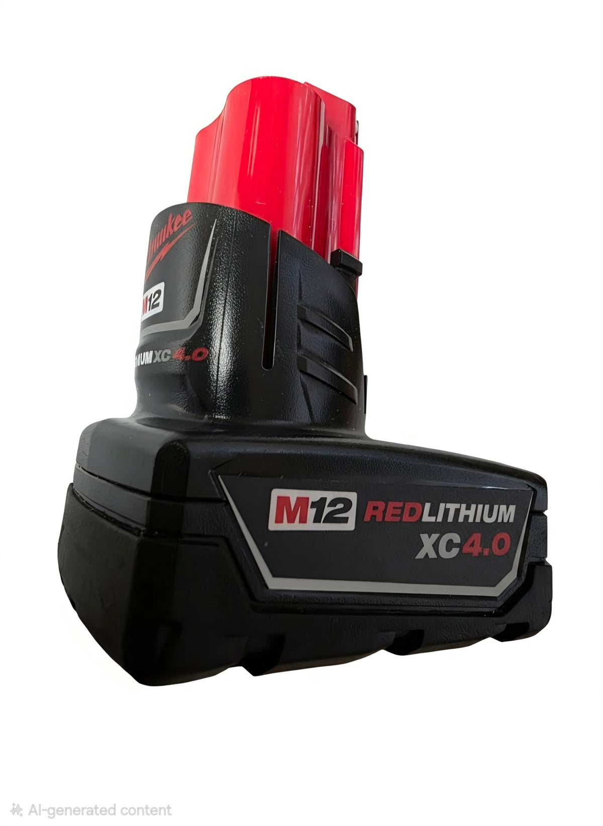 A single M12 REDLITHIUM XC 4.0 cordless battery pack in black and red, shown from a three-quarters angle on a white background.