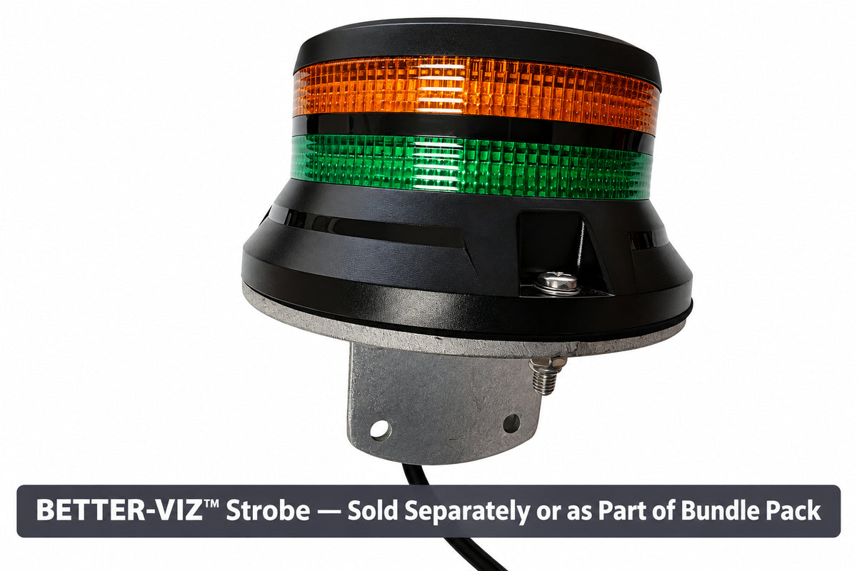 A circular industrial warning beacon light with amber, green, and black lenses, mounted on a metal base with a black power cable, shown against a plain white background.